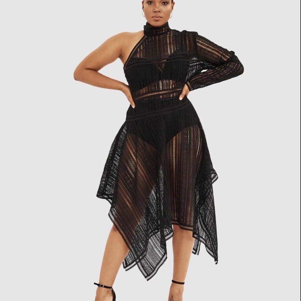 NWT- Size 14 - Leo & Lin- Asymmetrical One-Shoulder Black Mesh Dress